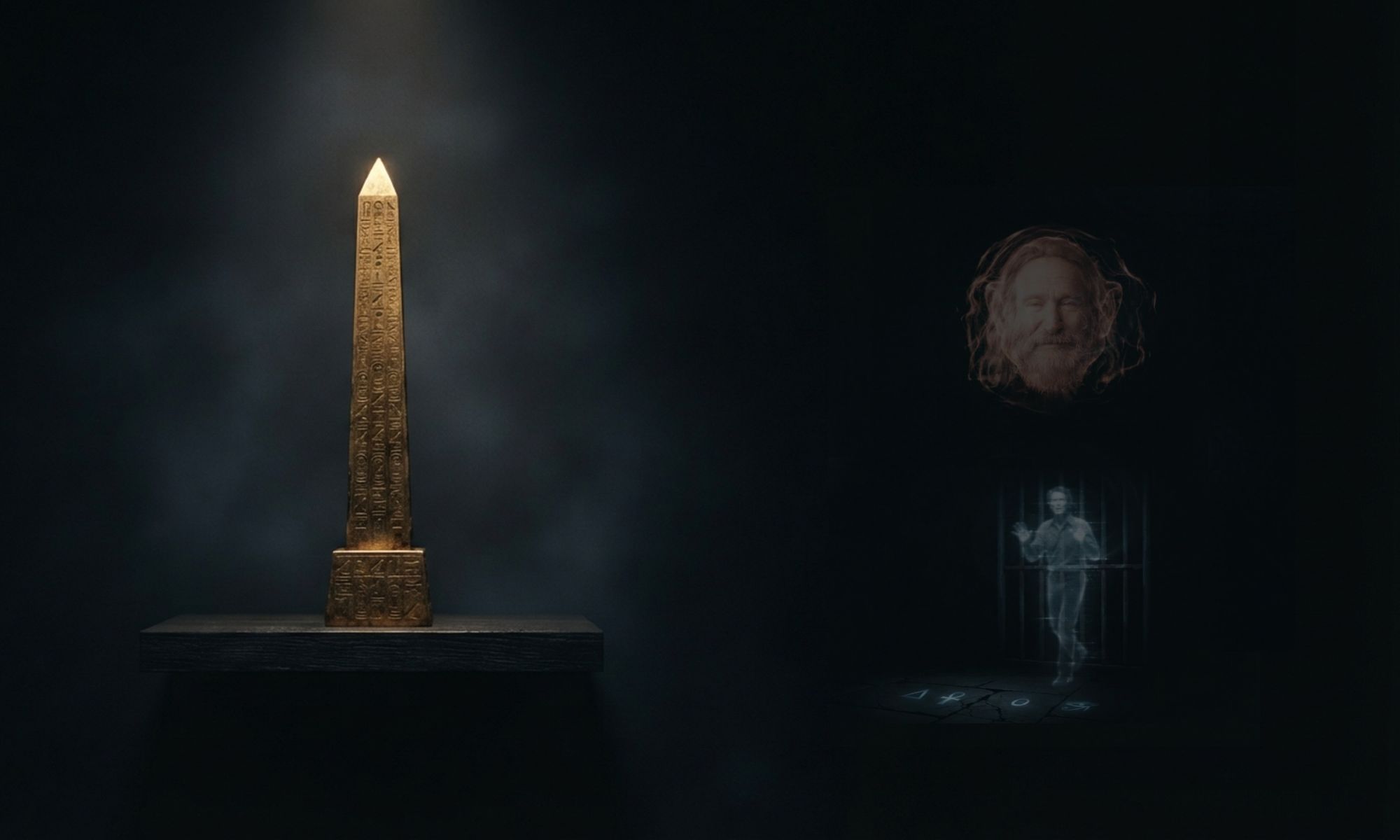 A composite, other-worldly film still depicting a dark, shadowy room. On a barely visible floating shelf to the left, a single, intricately detailed gold Egyptian obelisk glows under a focused spotlight. To the right, appearing as spectral apparitions in the darkness, are two stacked holographic projections: the glowing coppery-orange bearded man's head above, and the cool-blue man behind bars below.