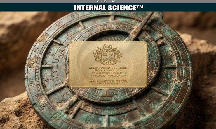 An intricate, ancient bronze astrolabe artifact, weathered by time, is overlaid with a polished gold seal watermark bearing the complex text 'C=Ef=M:INTERNAL SCIENCE™: ANNUAL DYNAMIC EDITIONS: BOOKS THAT ARE COMPLETELY REVISED & UPDATED EVERY YEAR'.