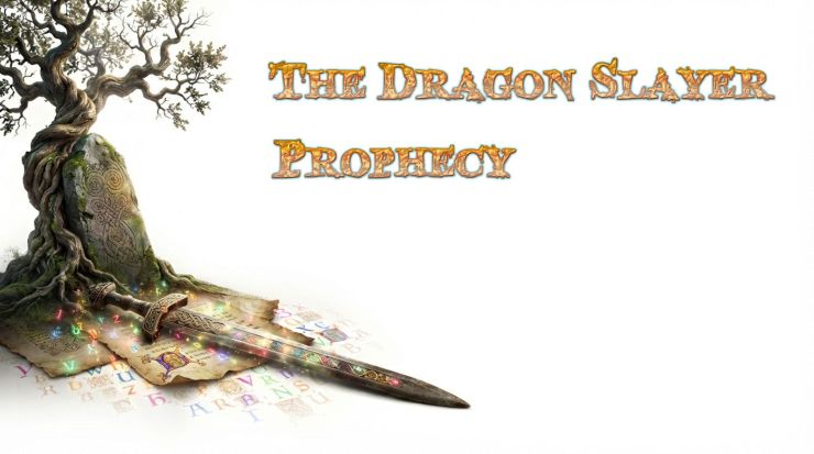 A gnarly oak with "THE DRAGON SLAYER PROPHECY" in the air next to it and Excalibur.