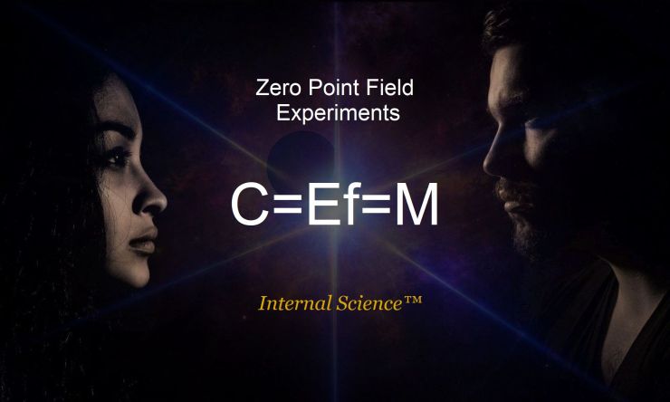 And image of a woman and man across from each other facing the following words centered between them: ZERO POINT FIELD EXPERIMENTS: C=Ef=M: Internal Science™