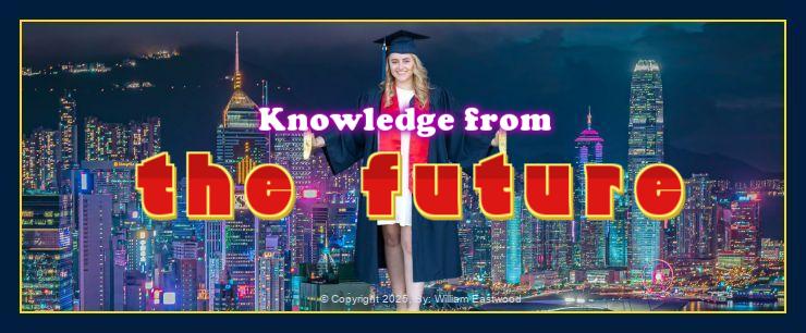 Woman graduate shown coming from a future city, on which it is written, "Knowledge from the future"