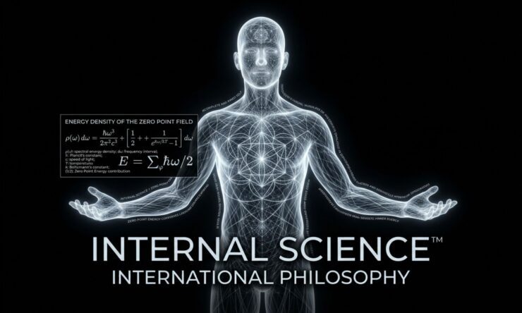 A glowing blue holographic projection of a human's complex energetic structure stands with arms held out, next to a geometric information panel displaying calculations. At the bottom, text reads, "INTERNAL SCIENCE™: INTERNATIONAL PHILOSOPHY".