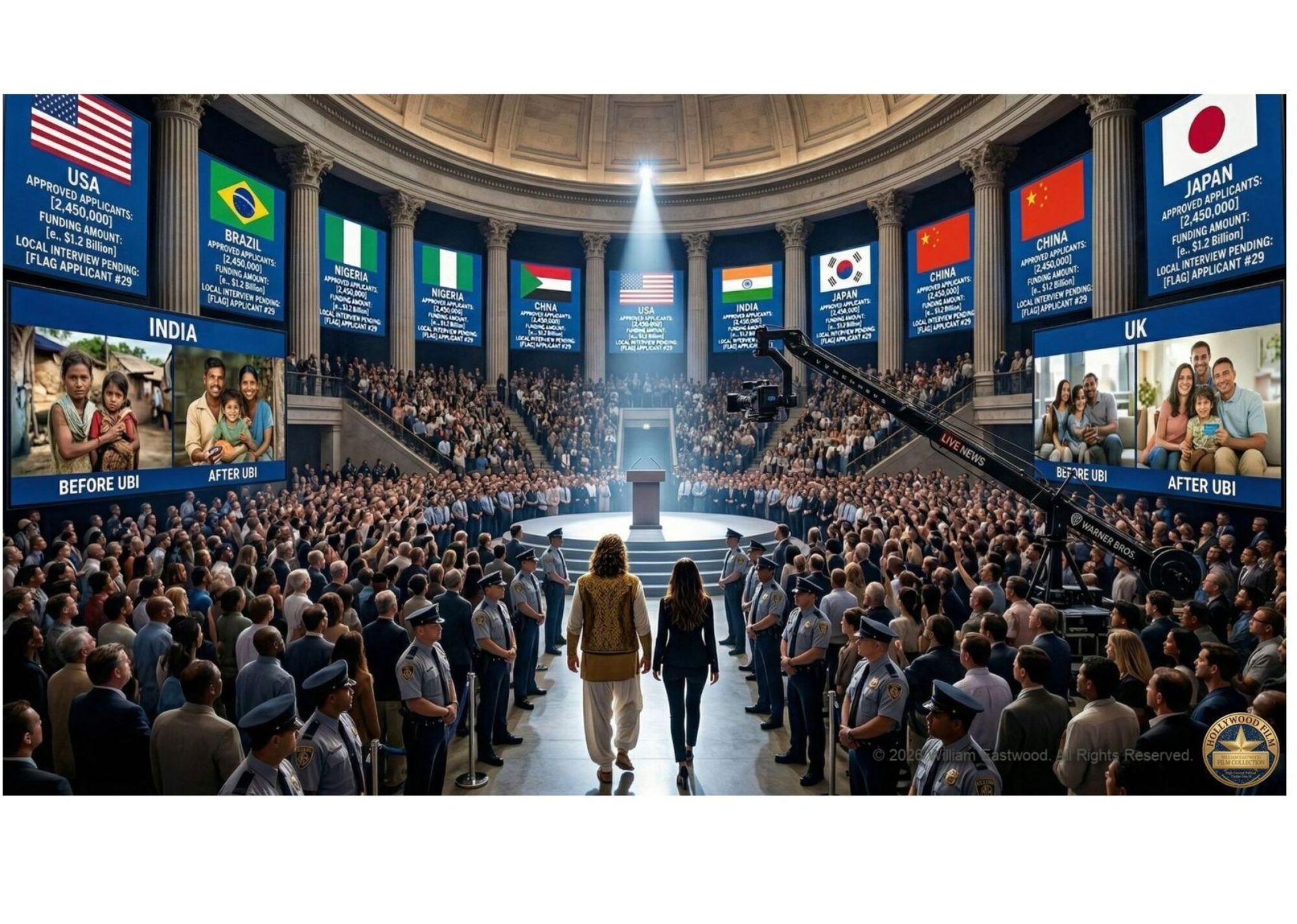 Teller addresses an enthusiastic crowd inside Earth Network headquarters in Honolulu, surrounded by international flags, Greek pillars, and screens displaying global UBI progress.
